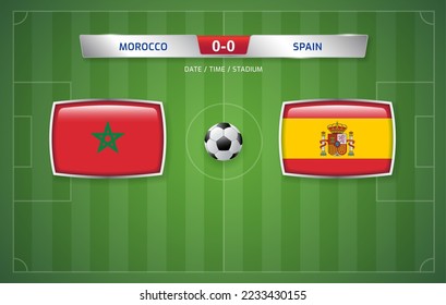 Morocco vs Spain scoreboard broadcast template for sport soccer tournament 2022 and football championship round of 16 vector illustration