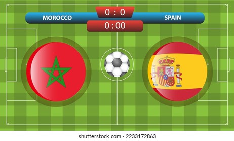 Morocco vs Spain scoreboard template for soccer competition. Vector illustration. Sport template.