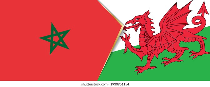 Morocco and Wales flags, two vector flags symbol of relationship or confrontation.