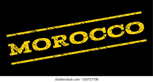 Morocco watermark stamp. Text tag between parallel lines with grunge design style. Rubber seal stamp with unclean texture. Vector yellow color ink imprint on a blue background.
