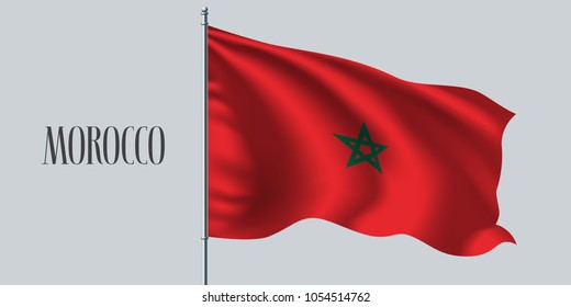 Morocco waving flag on flagpole vector illustration. Red green element of Moroccan wavy realistic flag as a symbol of country