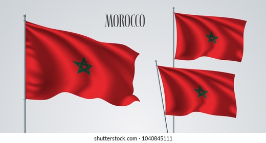 Morocco waving flag set of vector illustration. Green red colors of Morocco wavy realistic flag as a patriotic symbol