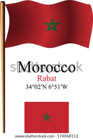 morocco wavy flag and coordinates against white background, vector art illustration, image contains transparency