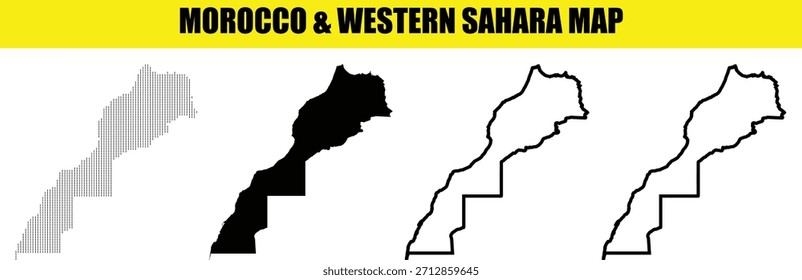 Morocco and western Sahara map outline and silhouette set
