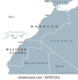 Morocco and Western Sahara political map with capitals Rabat and El Aiun and with national borders. Gray illustration with English labeling and scaling on white background.