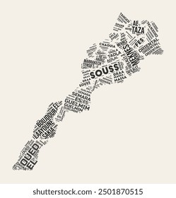 Morocco Word Cloud. Country with regions division. Morocco typographic text clouds vector image design. Vintage gazette style country shape image. Elegant vector illustration.