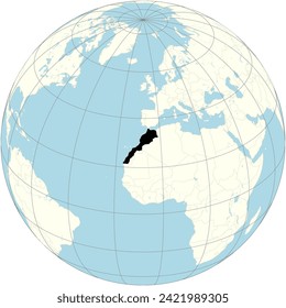 Morocco's outline prominently displayed in the orthographic projection of the world map, has rich culture and landscapes in North Africa.