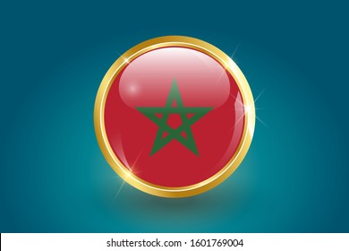 Moroco flag in the form of a circle, can be used for independence day or other events. Moroco icon gold glossy badge button with Moroco flag and shadow vector EPS 10 illustration on light background.
