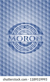 Moron blue emblem with geometric pattern background.