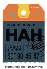 Moroni airport luggage tag. Realistic looking tag with stamp and information written by hand. Design element for creative professionals.