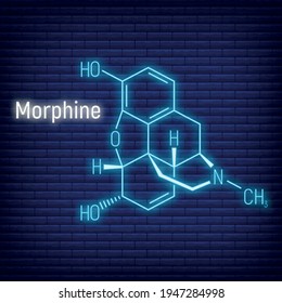 Morphine glow neon style concept chemical formula icon label, text font vector illustration, isolated on wall background. Periodic element table, addictive drug stuff.