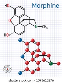 Morphine molecule. It is a pain medication of the opiate. Structural chemical formula and molecule model. Sheet of paper in a cage.Vector illustration