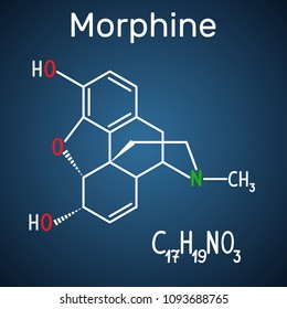 Morphine molecule. It is a pain medication of the opiate. Structural chemical formula and molecule model on the dark blue background. Vector illustration