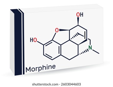 Morphine, morphia  molecule. Opiate analgesic psychoactive drug. Skeletal chemical formula. Paper packaging for drugs. Vector illustration