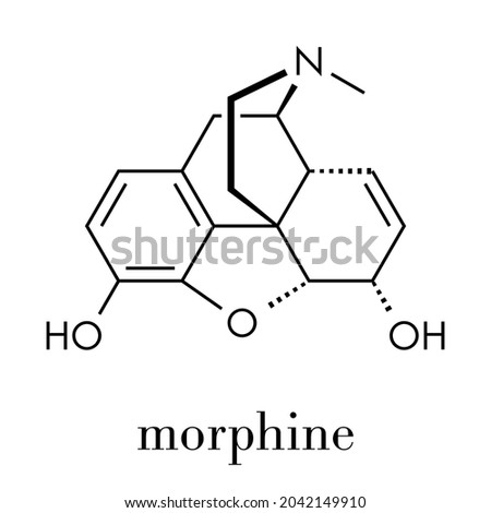 Morphine pain drug molecule. Highly addictive. Isolated from opium poppy (papaver somniferum). Skeletal formula.