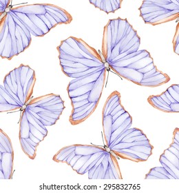 Morpho butterfly. Seamless, hand-painted, watercolor pattern. Vector background