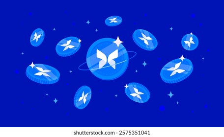 Morpho coins falling from the sky. MORPHO cryptocurrency concept banner background.