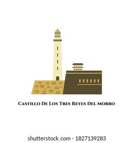 Morro Castle (Castillo de los Tres Reyes Magos del Morro). El Morro fortress and lighthouse in Havana Cuba. Famous historical landmark. Travel tourist destination in Europe. Vector flat illustration