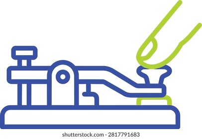 Morse code key icon with finger pressing telegraph transmitter button. Vintage communication technology line art vector illustration.