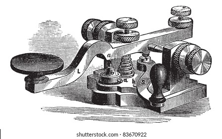 Morse-Manipulator. - A, platinumkippt oder Kontakt, b Berührung der unteren Platte; b' zweiter Platinkontakt; L, Hebel; S, zusätzliche Hebelwirkung, Illustration. Trousset-Enzyklopädie (1886 - 1891).