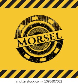 Morsel black grunge emblem, yellow warning sign. Vector Illustration. Detailed.