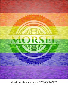 Morsel emblem on mosaic background with the colors of the LGBT flag