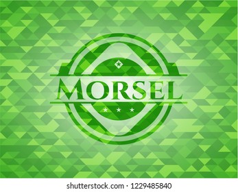 Morsel green emblem with triangle mosaic background