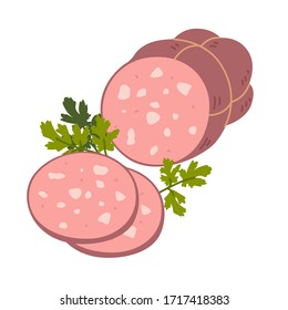 Mortadella Bologna Sausage. Meat delicatessen on white background. Slices of Italian boiled pork sausage bologna. Simple flat style vector illustration