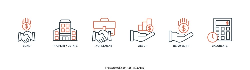 Mortage banner web icon set vector illustration concept with icon of loan, property estate, agreement, asset, repayment, calculate