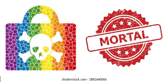 Mortal case collage icon of spheric dots in variable sizes and LGBT colored color hues, and Mortal textured rosette stamp seal. A dotted LGBT-colored Mortal case for lesbians, gays, transgenders,