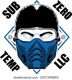 Mortal combat illustration vector art of face with blue color and shades of black. Sub, zero, temp and llc words vector art for print in high quality. face mask design concept caution