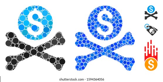 Mortal debt mosaic of filled circles in variable sizes and color tints, based on mortal debt icon. Vector small circles are organized into blue mosaic.