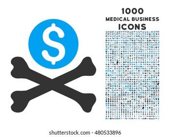 Mortal Debt vector bicolor icon with 1000 medical business icons. Set style is flat pictograms, blue and gray colors, white background.