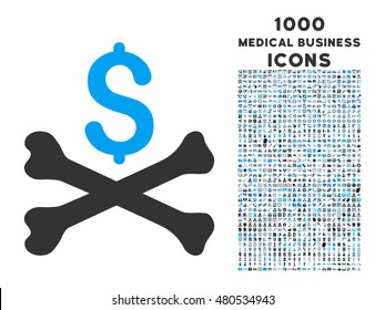 Mortal Debt vector bicolor icon with 1000 medical business icons. Set style is flat pictograms, blue and gray colors, white background.