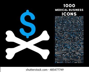 Mortal Debt vector bicolor icon with 1000 medical business icons. Set style is flat pictograms, blue and white colors, black background.