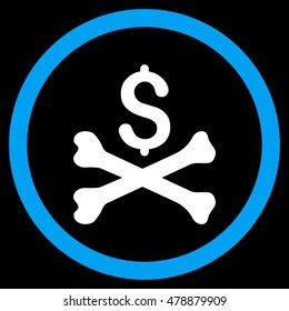 Mortal Debt vector bicolor rounded icon. Image style is a flat icon symbol inside a circle, blue and white colors, black background.