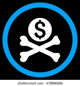 Mortal Debt vector bicolor rounded icon. Image style is a flat icon symbol inside a circle, blue and white colors, black background.