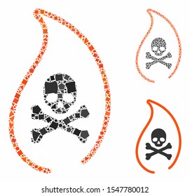 Mortal flame composition of unequal pieces in variable sizes and color tones, based on mortal flame icon. Vector rugged items are grouped into collage. Mortal flame icons collage with dotted pattern.
