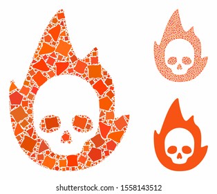 Mortal flame mosaic of uneven parts in various sizes and color tones, based on mortal flame icon. Vector uneven items are united into mosaic. Mortal flame icons collage with dotted pattern.