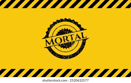 Mortal grunge emblema preto com fundo amarelo, sinal de aviso. Ilustração de vetor. Detalhado. 