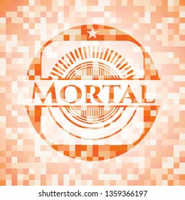 Mortal orange tile background illustration. Square geometric mosaic seamless pattern with emblem inside.