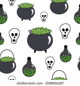 Mortal potion seamless pattern. Vector pot with green potion, skull, bottle. Halloween seamless pattern.