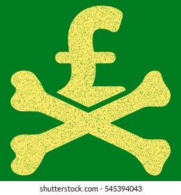 Mortal Pound Debt grainy textured icon for overlay watermark stamps. Flat symbol with scratched texture. Dotted vector yellow ink rubber seal stamp with grunge design on a green background.