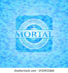 Mortal sky blue emblem. Mosaic background. 