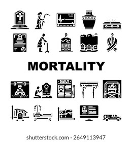 mortalidade morte vida envelhecimento ícones definir vetor. doença, risco de saúde, sobrevivência, longevidade fatalidade, fim, luto, perda, luto mortalidade morte morte vida envelhecimento glifo pictograma Ilustrações