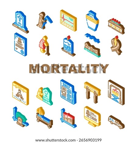 mortality death life aging icons set vector. disease, health risk, survival, longevity fatality, end, grief, loss, bereavement mortality death life aging isometric sign illustrations