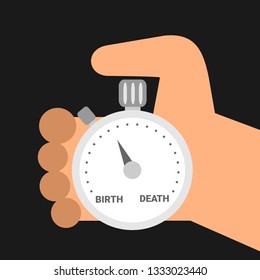 Mortality - mortal person is holding stopwatch. Time from birth to death. Human ageing / ageing and growing old till be dead. Vector illustration