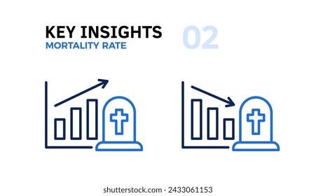 Mortality Rate Trends Analysis: Graphics Going up and Down with an Arrow and Tombstone Thin Line Icon, Vector Illustration of Health and Death Rate Statistics Graphic