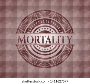 Mortality red emblem or badge with abstract geometric polygonal pattern background. Seamless.