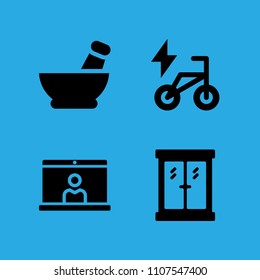 mortar, bike, video conference and window icons vector in sample icon set for web and graphic design
